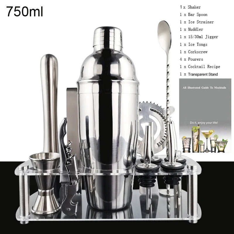 KŌHI-Home Boston Shaker Cocktail Set (12-Piece) – Stainless Steel Bar Tools with Stand