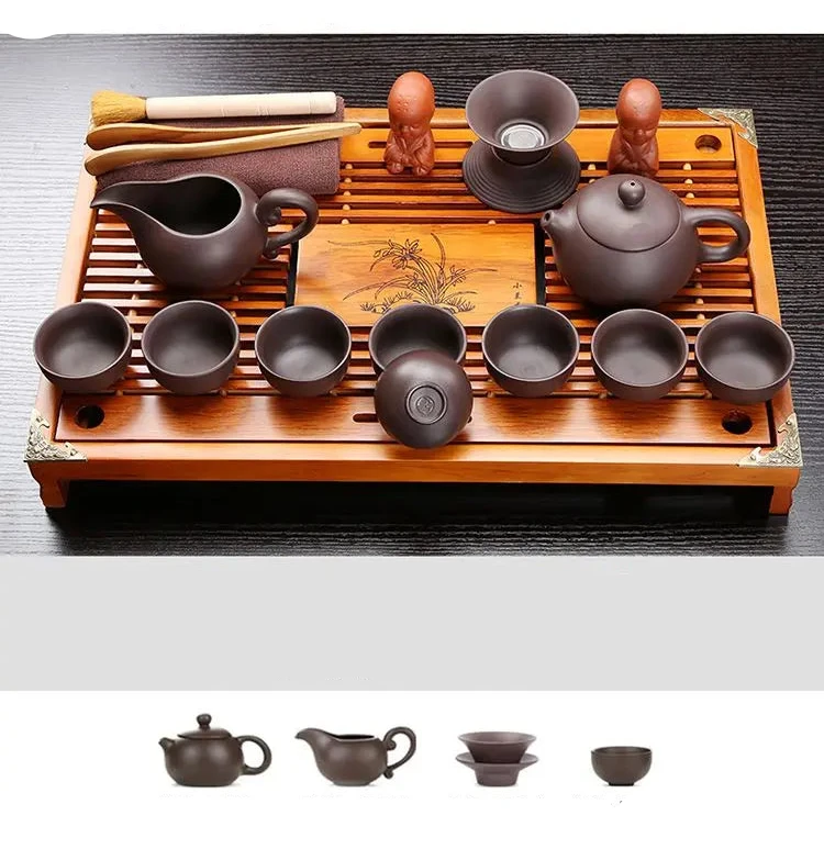 KŌHI-Home Yixing Keramik-Kung-Fu-Teeservice (27-teilig) – Chinesisches Teezeremonie-Set mit Teetablett aus Massivholz