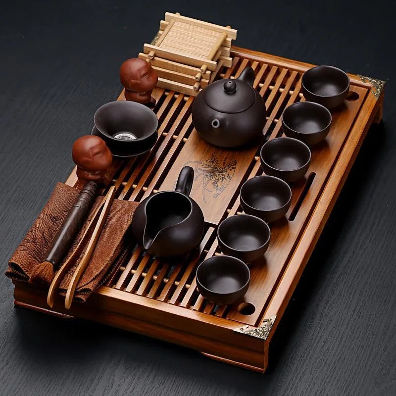 KŌHI-Home Yixing Keramik-Kung-Fu-Teeservice (27-teilig) – Chinesisches Teezeremonie-Set mit Teetablett aus Massivholz