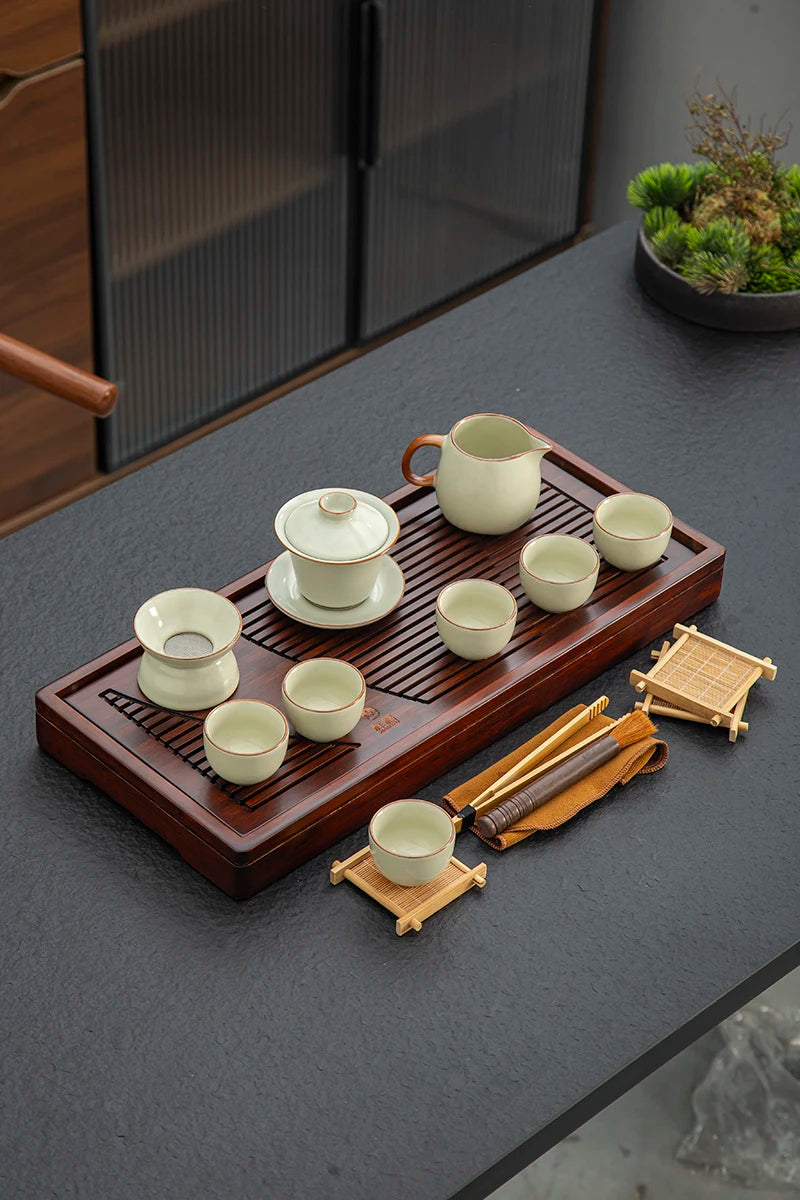 KŌHI-Home Yixing Keramik-Kung-Fu-Teeservice (27-teilig) – Chinesisches Teezeremonie-Set mit Teetablett aus Massivholz