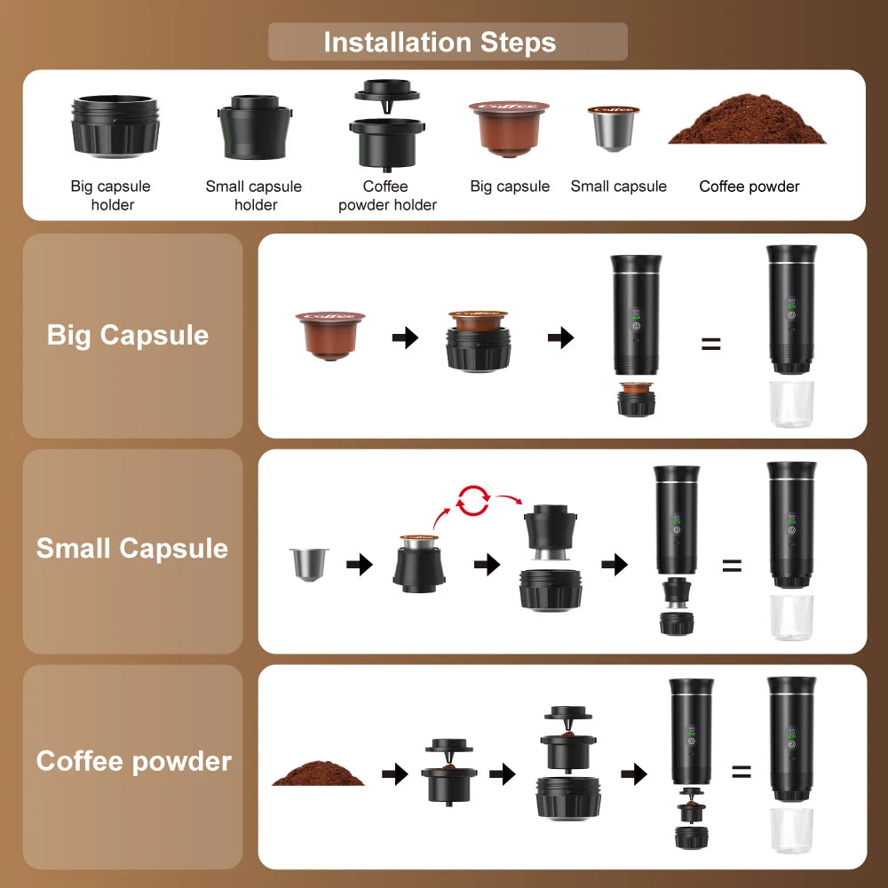 KŌHI-Home Portable Espresso Machine – 3-in-1 Capsule & Ground Coffee Maker with Digital Display