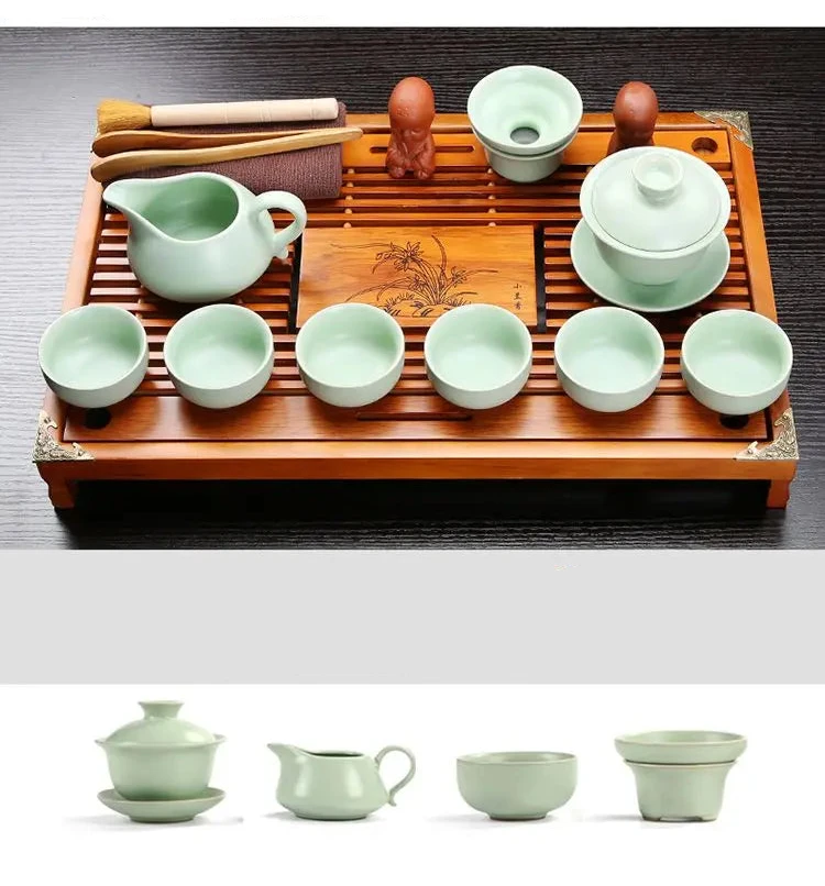 KŌHI-Home Yixing Keramik-Kung-Fu-Teeservice (27-teilig) – Chinesisches Teezeremonie-Set mit Teetablett aus Massivholz