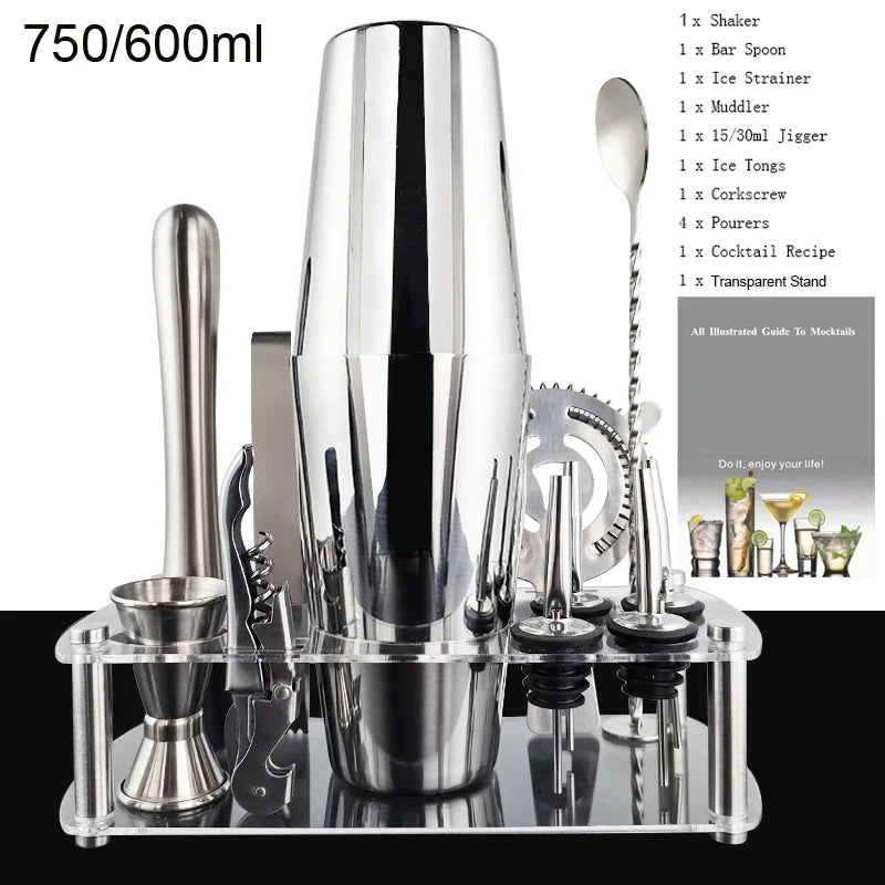 KŌHI-Home Boston Shaker Cocktail Set (12-Piece) – Stainless Steel Bar Tools with Stand