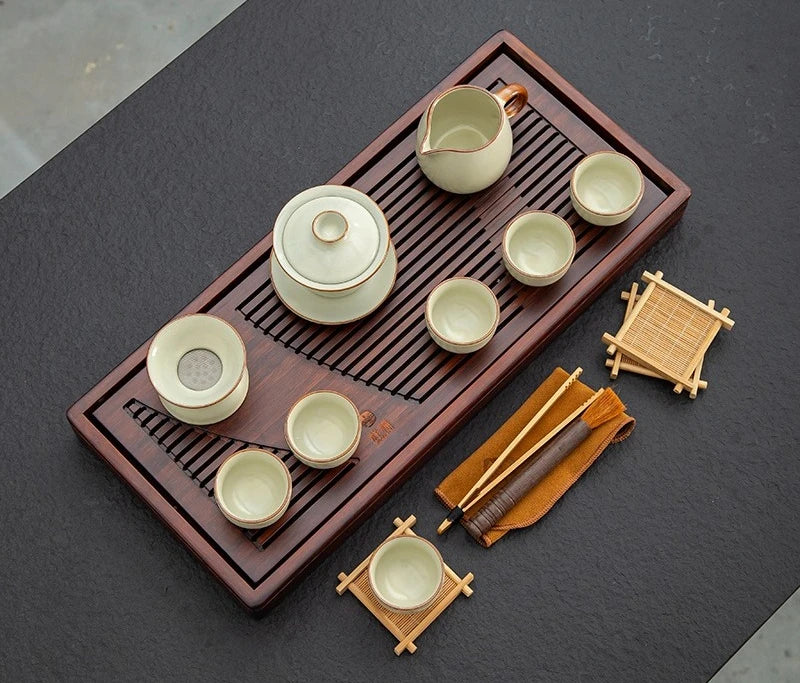 KŌHI-Home Yixing Keramik-Kung-Fu-Teeservice (27-teilig) – Chinesisches Teezeremonie-Set mit Teetablett aus Massivholz
