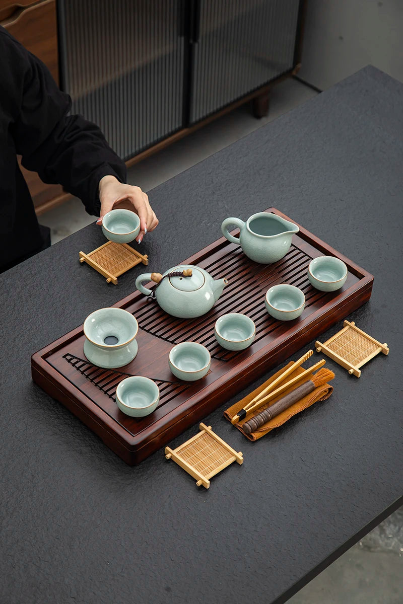 KŌHI-Home Yixing Keramik-Kung-Fu-Teeservice (27-teilig) – Chinesisches Teezeremonie-Set mit Teetablett aus Massivholz