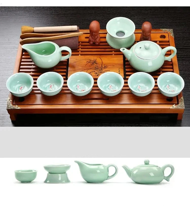 KŌHI-Home Yixing Keramik-Kung-Fu-Teeservice (27-teilig) – Chinesisches Teezeremonie-Set mit Teetablett aus Massivholz