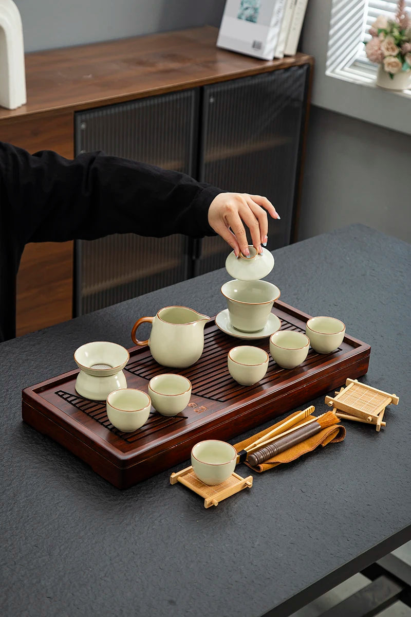 KŌHI-Home Yixing Keramik-Kung-Fu-Teeservice (27-teilig) – Chinesisches Teezeremonie-Set mit Teetablett aus Massivholz