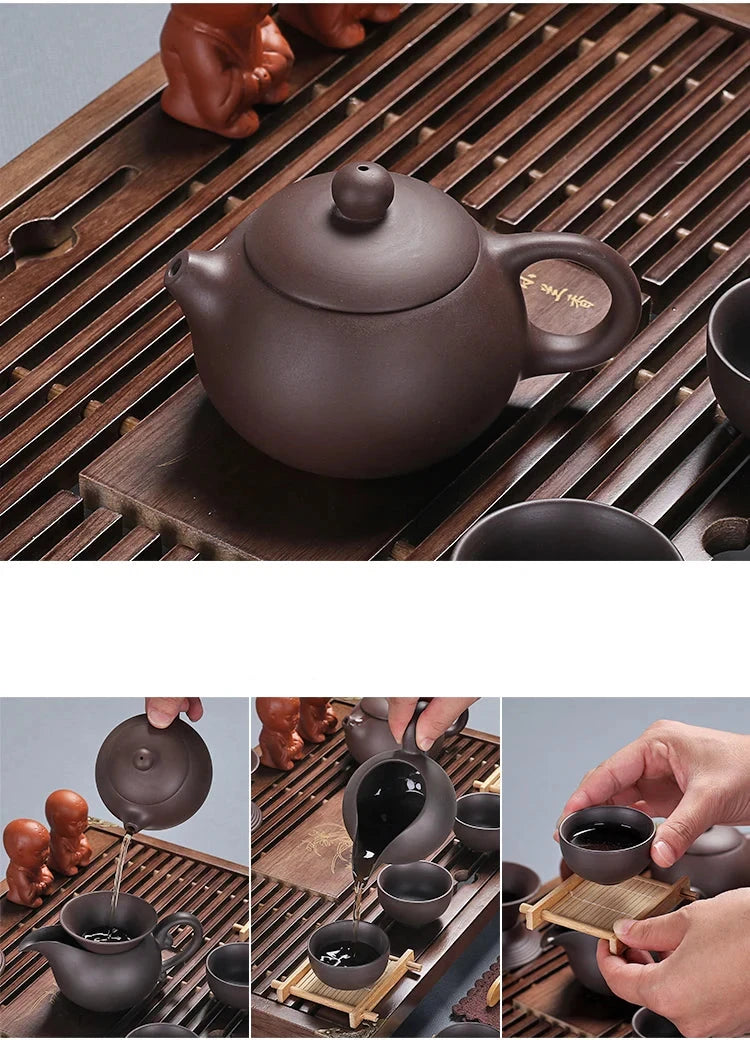 KŌHI-Home Yixing Keramik-Kung-Fu-Teeservice (27-teilig) – Chinesisches Teezeremonie-Set mit Teetablett aus Massivholz