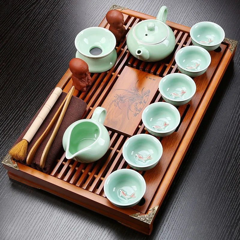 KŌHI-Home Yixing Keramik-Kung-Fu-Teeservice (27-teilig) – Chinesisches Teezeremonie-Set mit Teetablett aus Massivholz