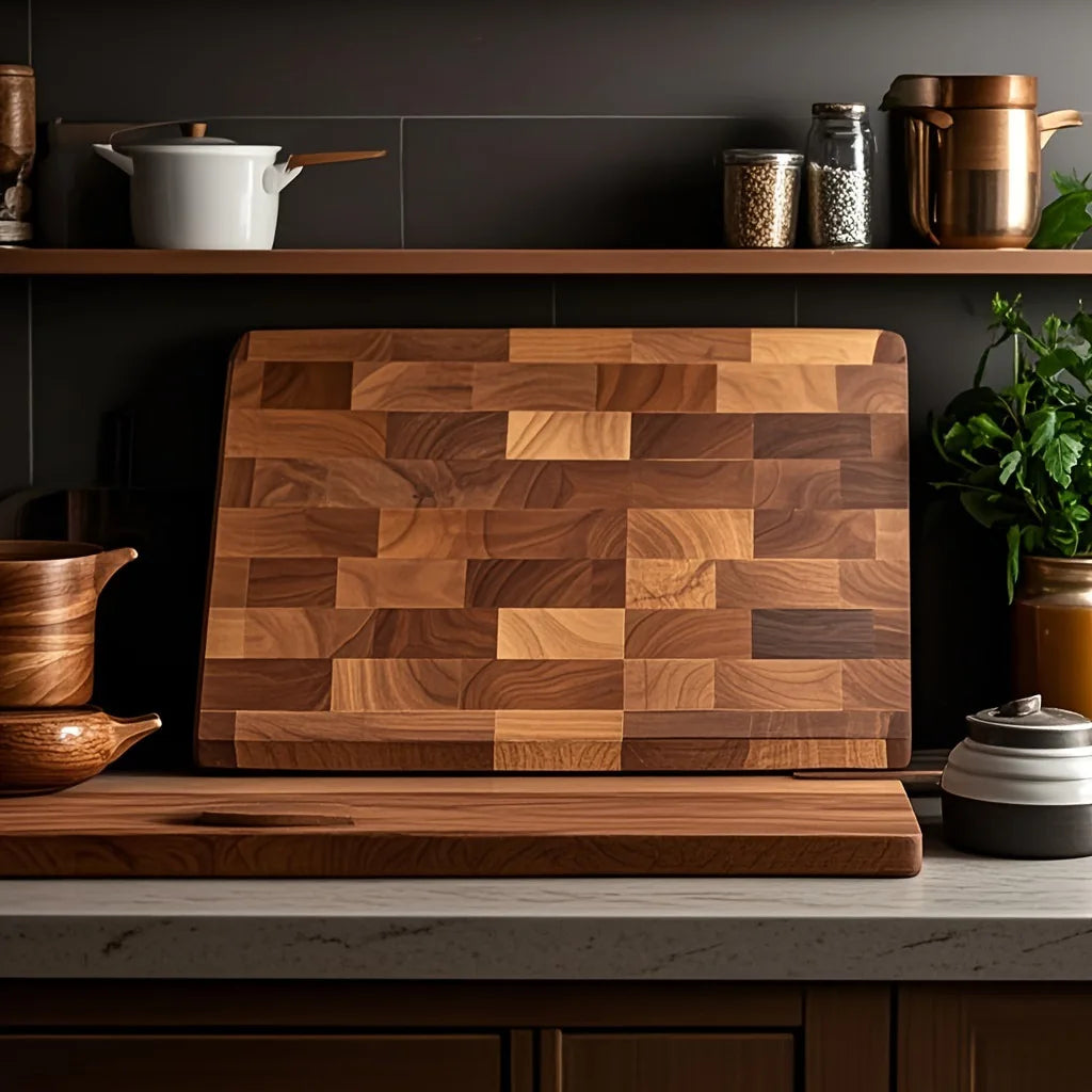KŌHI-Home Solid Acacia Wood Cutting Board – Dark Checkered Grain Wooden Chopping Board