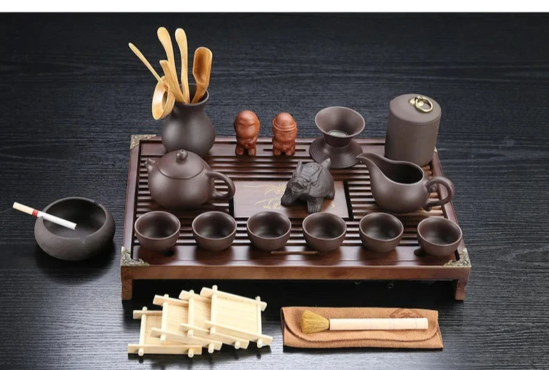 KŌHI-Home Yixing Keramik-Kung-Fu-Teeservice (27-teilig) – Chinesisches Teezeremonie-Set mit Teetablett aus Massivholz
