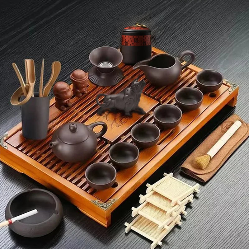 KŌHI-Home Yixing Keramik-Kung-Fu-Teeservice (27-teilig) – Chinesisches Teezeremonie-Set mit Teetablett aus Massivholz