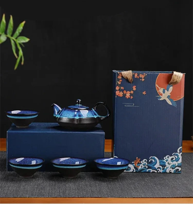 KŌHI-Home Jun Kiln Keramik-Teekannen- und Tassenset – Handgefertigtes chinesisches Teeservice